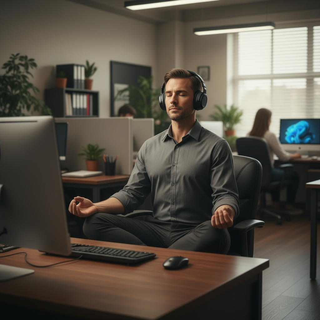 a male in an office meditating at a computer with headphones on