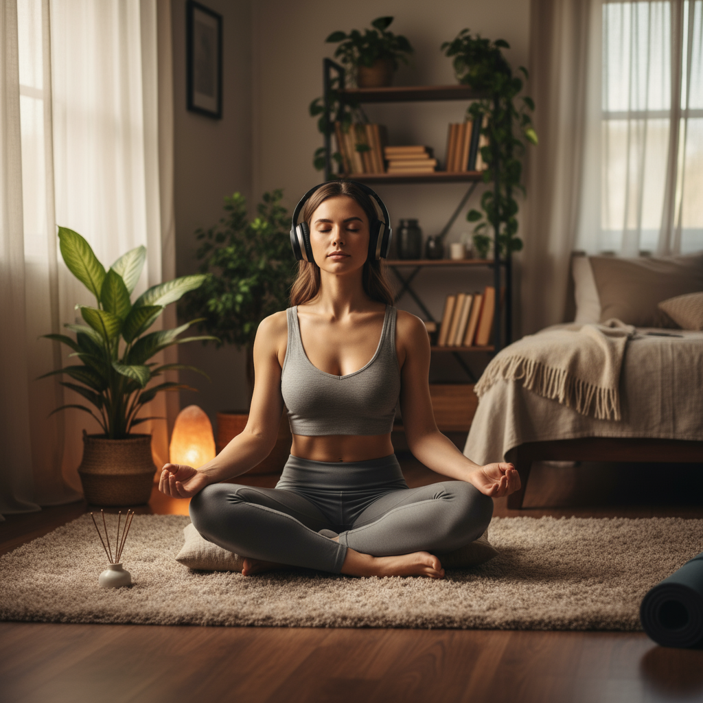 a person wearing headphones doing breathwork in their room