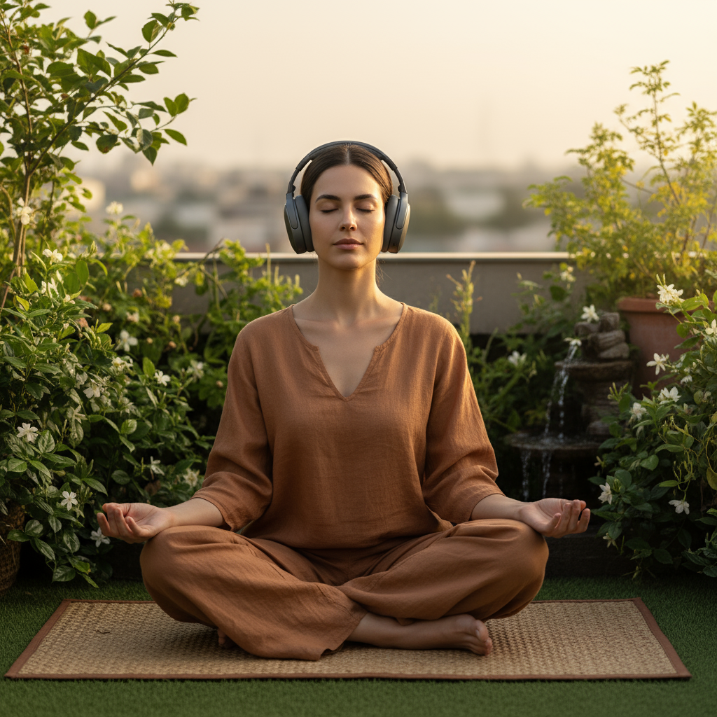 a person wearing headphones meditating