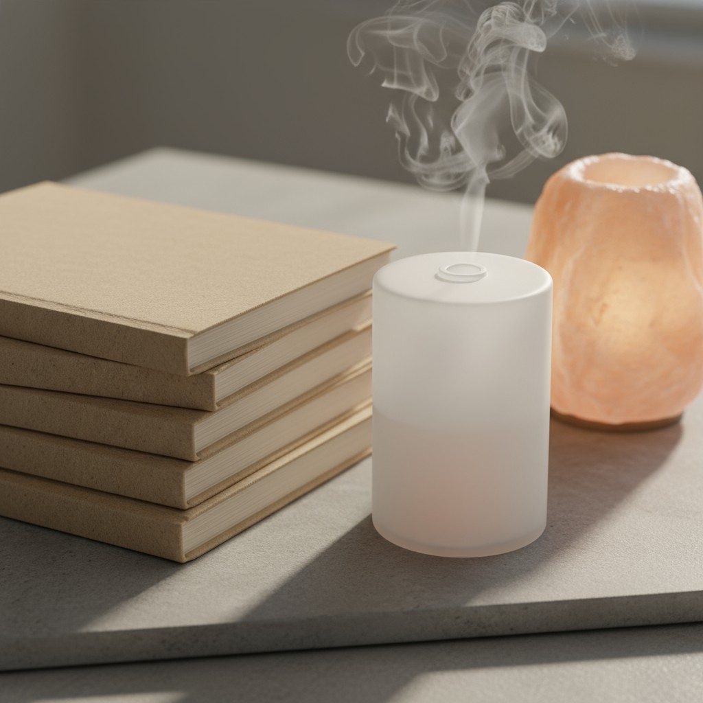 The image depicts white tops of books against a grey background of other decorative objects. In the foreground, three book...