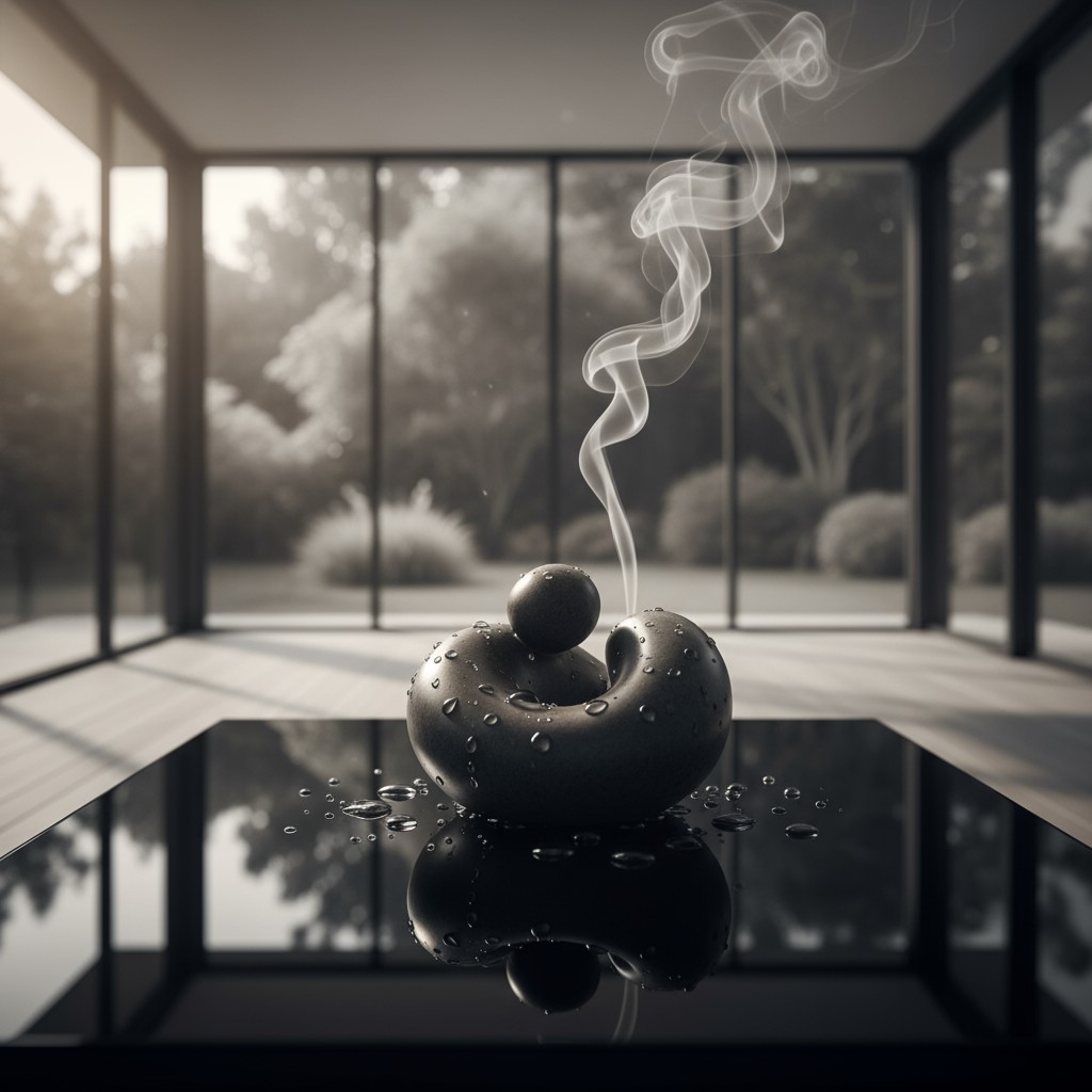 An black and white image of a water feature with a subtle steaming clean glass metals and wood floor and expansive windows...