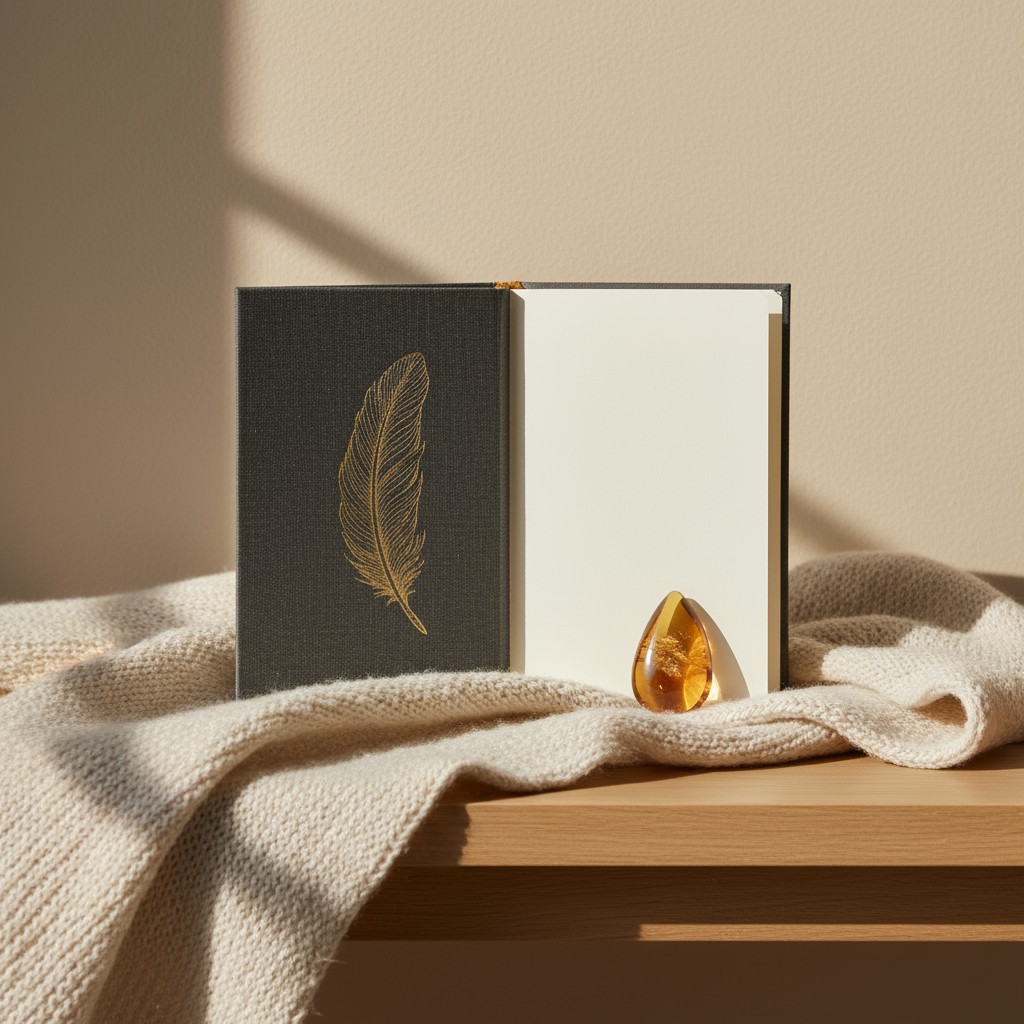 An open book with a feather design sits on a wooden shelf, illuminated by sunlight against a plain wall.