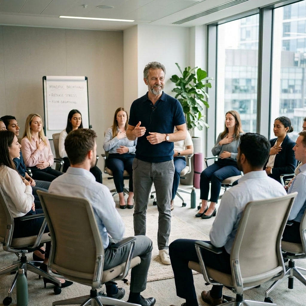 Group of people seated in a circle with hands on chest and abdomen during a breathing exercise